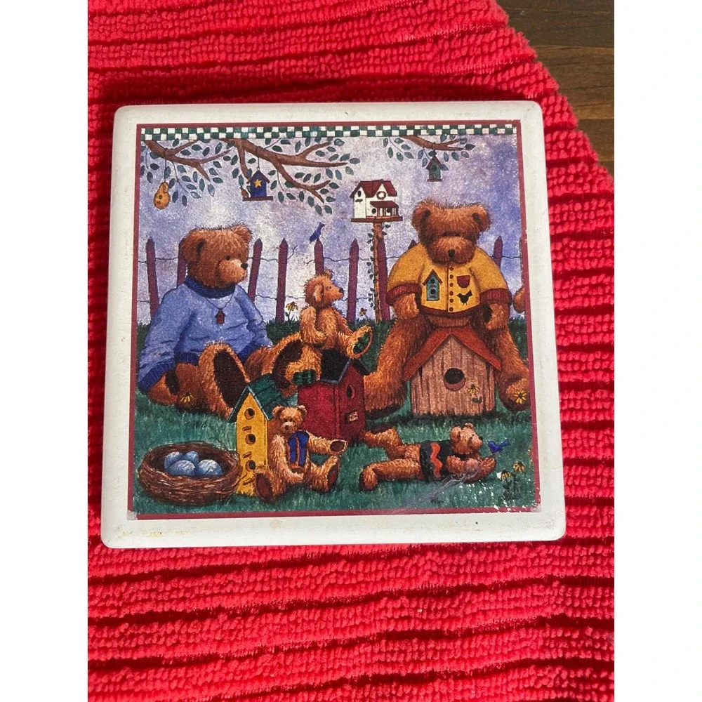 Stone Art Absorbent Stone Coaster Set of 4 Teddy Bear Garden Scene Cork Backing